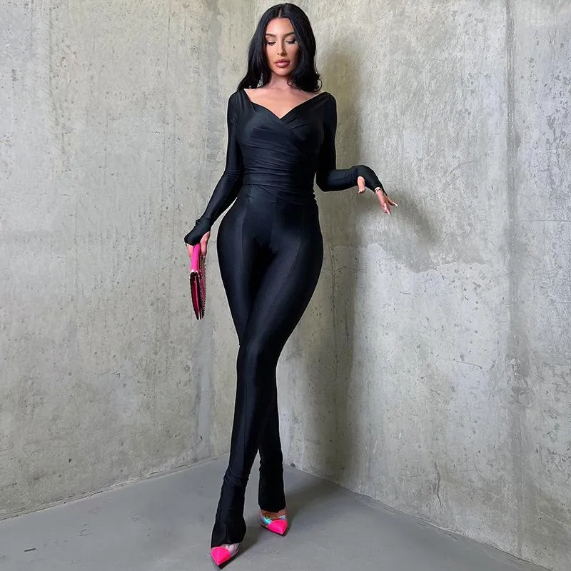 Kadınlar İki Parçası Pantolon Setleri Kadın Outifits 2023 Sonbahar Moda Düz Renk V Boyun Uzun Kollu Düşük Kesim Üst Düzenli Sıska Set