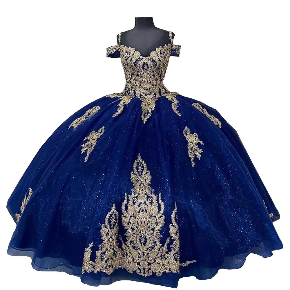 2023 Quinceanera baljurk jurken Royal Blue Lades Lace Tule Off Shoulder Spaghetti Beards Gold Appliques kralen Lengte plus size prom avondjurken