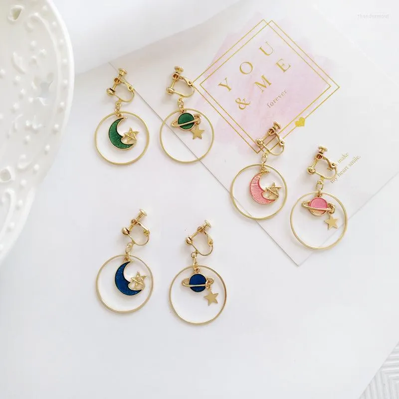 Backs Earrings Korean Childhood Moon Star Clip No Pierced Hole Cartoon Colorized Earth Universe Without Piercing For Girls