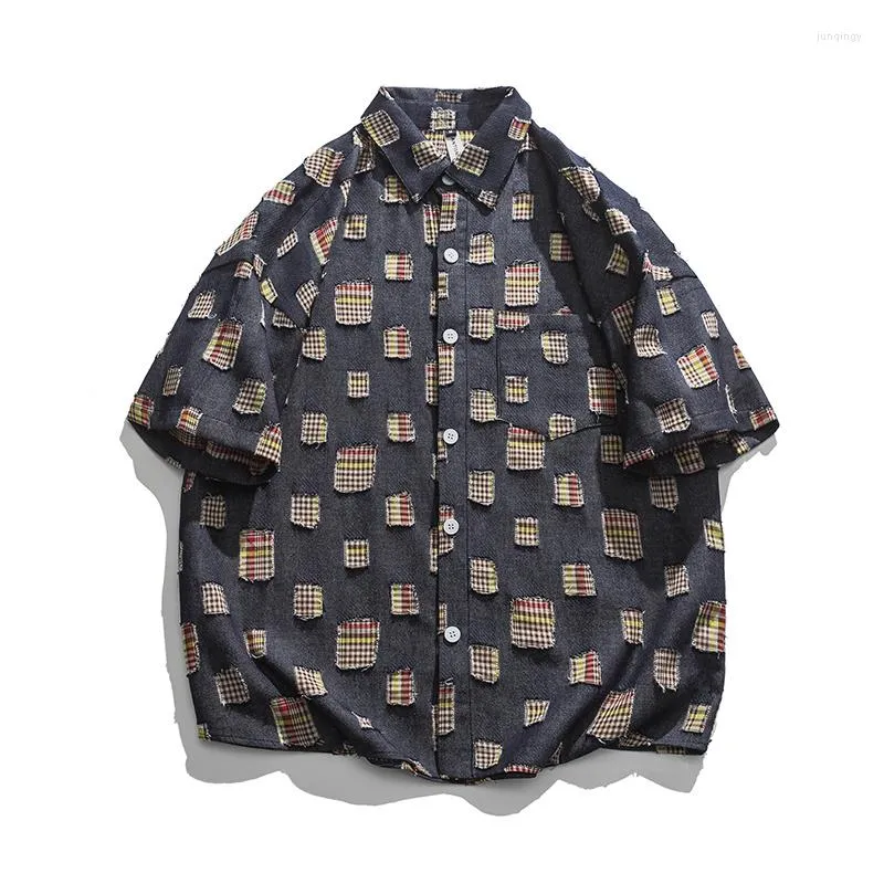 Erkekler Sıradan Gömlek Ekose Patchwork Erkekler Sokak Giyim Vintage Moda Gevşek Kısa Kollu Gömlek Şehir Cityboy Japonya Koreli Chic Erkek Bluz