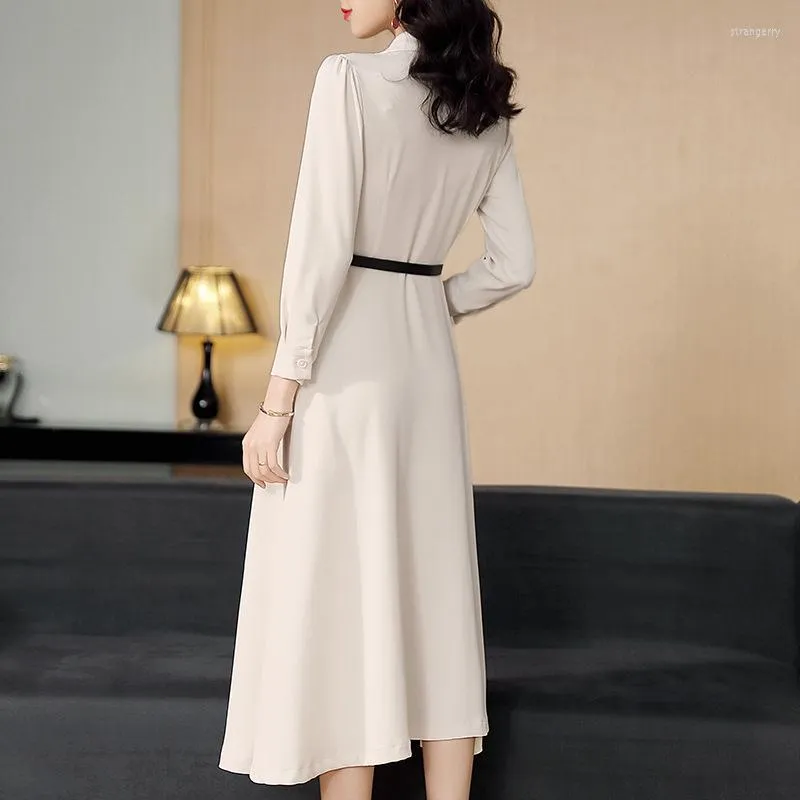 Casual Dresses 2023 V Neck White Dress Women Fullärmar Mellanlängd Spring A Line Black Office Lady Party Kvinna Vestidos