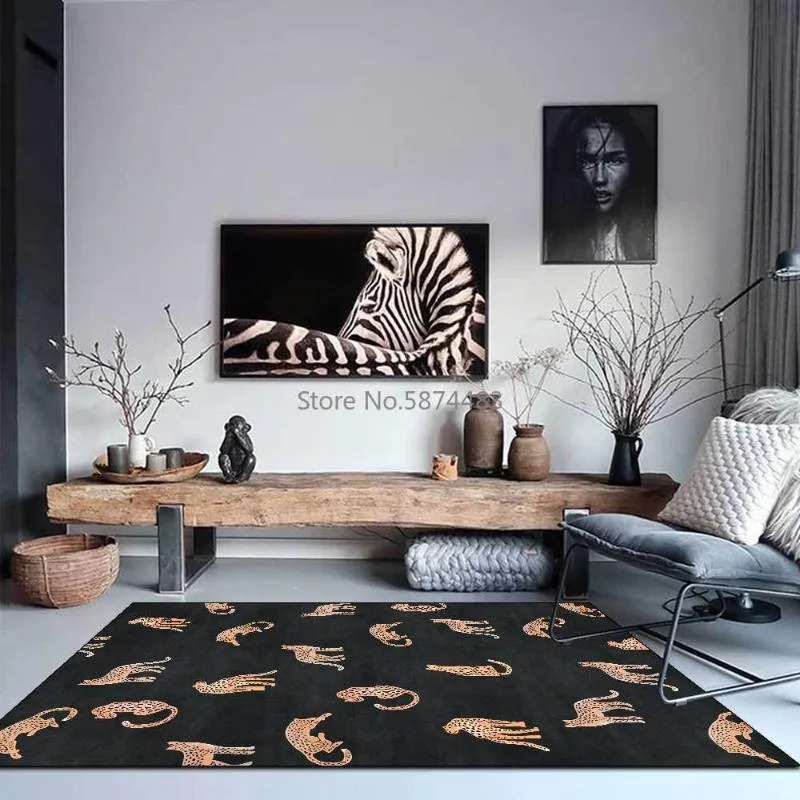 Teppiche, modisch, modern, minimalistisch, leicht, luxuriös, Leopard, schwarzer Boden, Wohnzimmer, Schlafzimmer, Nachttisch, Teppich, Bodenmatte