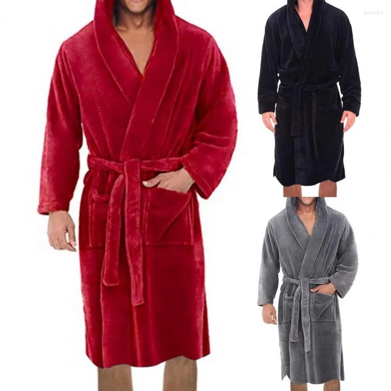 Men's Sleepwear Attractive Plush Bathrobe Coldproof Knee-Length Autumn Winter Hooded Pockets Men