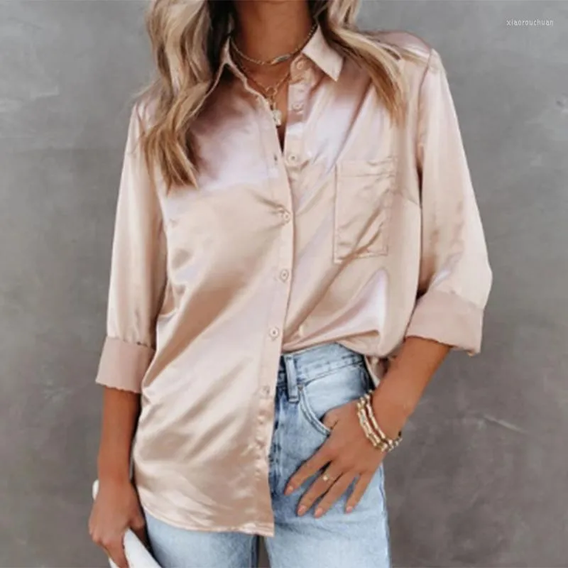 Blouses pour femmes Mode 2023 Chemisier en soie blanche Bureau Lady Tops Élégant Satin Femmes Vêtements Casual Lâche Chemise à manches longues 24259