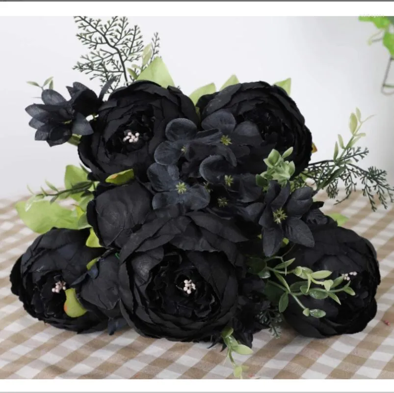Dekorativa blommor konstgjorda pionbukett simulering svart färg vintage bröllop dekoration hemrum halloween dekor 1 gäng