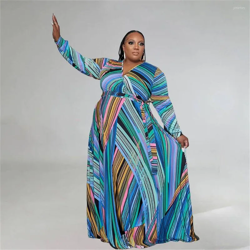 Plus Size Dresses Sexy Printed Long Dress For Women V Neck Sleeve Elegant Loose Max Vestidos With Belt Fashion Streetwear Clothings