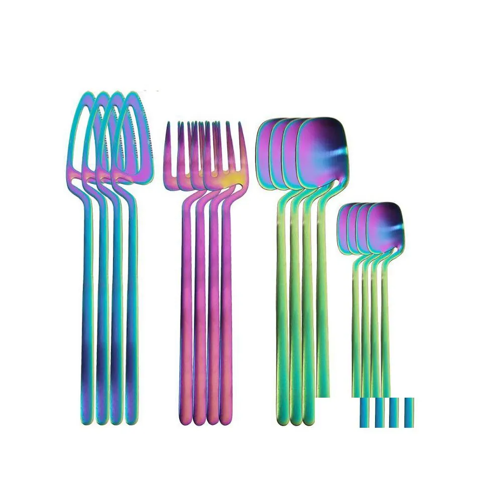 Flatware Sets Dinnerware Set Service For 4 Stainless Steel Cutlery Rainbow Dinner Knife Fork Spoon Sierware Kitchen Tableware Drop D Dhfis