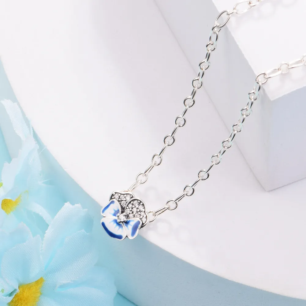 Collier avec pendentif en forme de fleur de pensée bleue en argent sterling 925, adapté au collier de bijoux de style Pandora européen