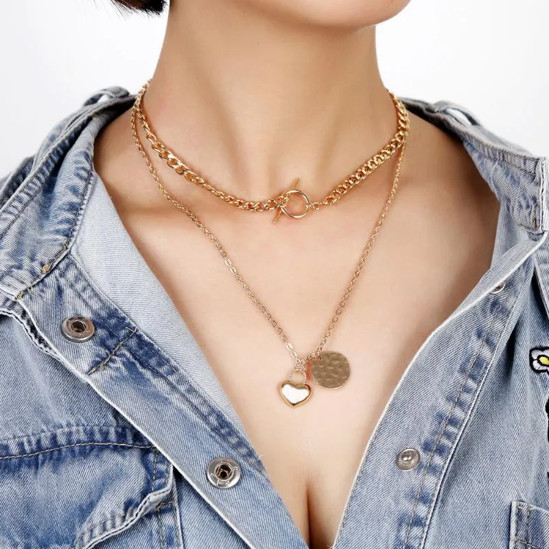 Choker Fashion Multi-Layer Geometric Heart Round Sequin Metal Pendant Necklace For Women Gold Double Layer Chain Jewelry 2023 Chokers