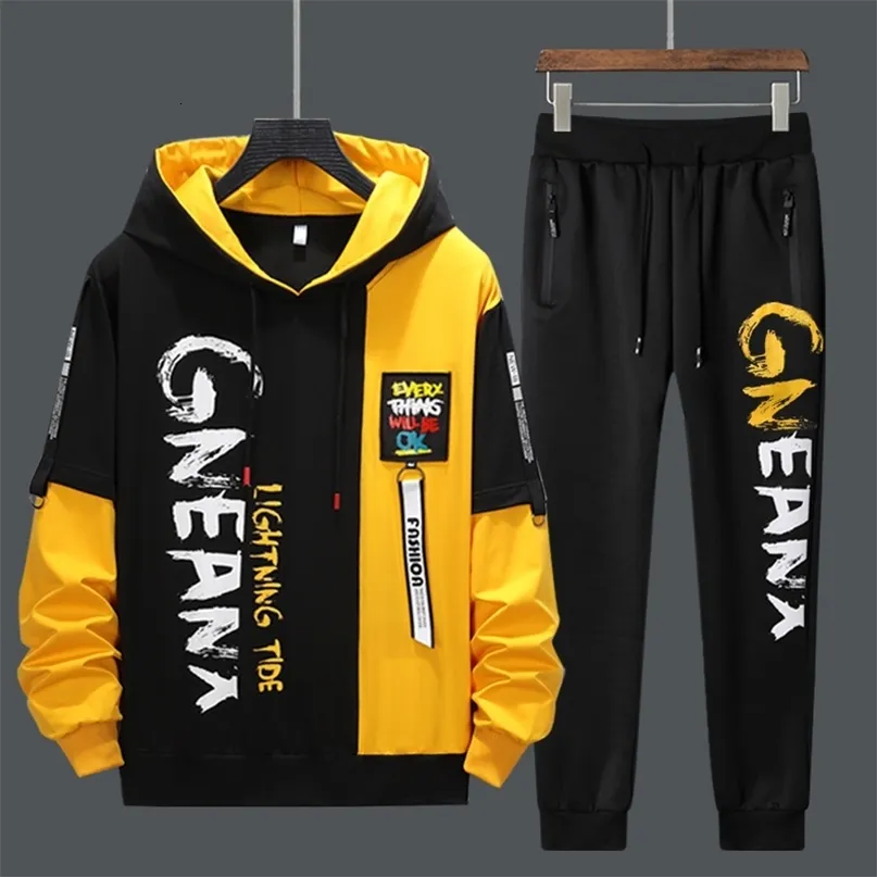 Männer Trainingsanzüge Männer 2 Stück Schweißanzüge Herren Patchwork Druck Sweatshirts Jogginghose Sets Student Ehemann Sportkleidung 221104