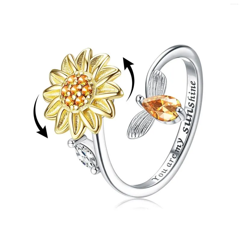 Wedding Rings Sunflower Anxiety Ring For Women Party Jewelry Delicate Stainless Steel Crystal Zirconia Finger Adjustable