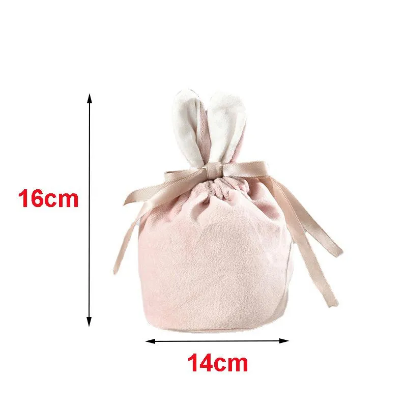 Velvet Easter Bunny Bucket Favor Short Ears Rabbit Basket Drawstring Candy Bag Soft Plush Storage Bags