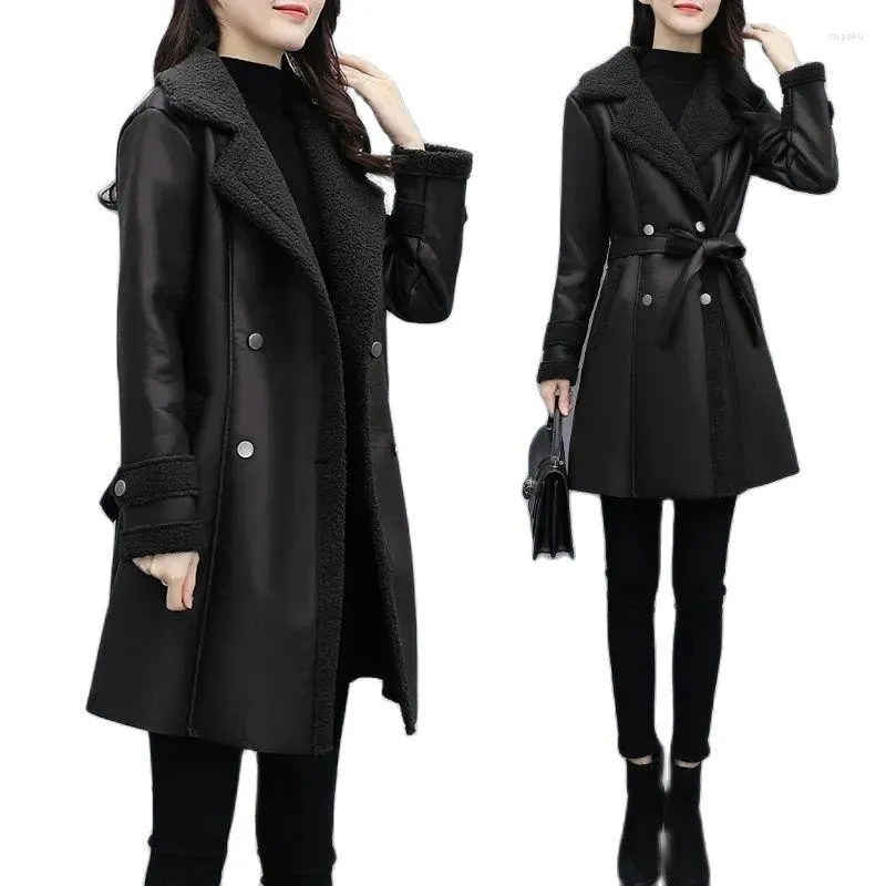 Women's Leather 2023 Autumn Winter Jacket Women's Fur One PU Coats Loose Ladies Outwear With Thicker Overcoat Female Tops