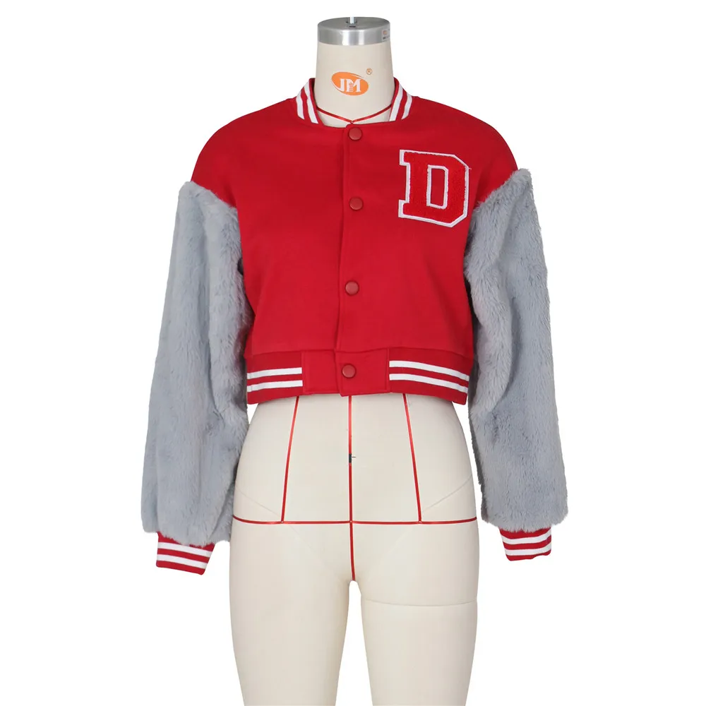 Tasarımcı Yeni Toptan Kadın Beyzbol Üniforma Ceketleri Kürk Kollu Kış Kış Palto Kürklü Uzun Kollu Kalın Sıcak Üst Moda Patchwork Outerwear DHL 8530