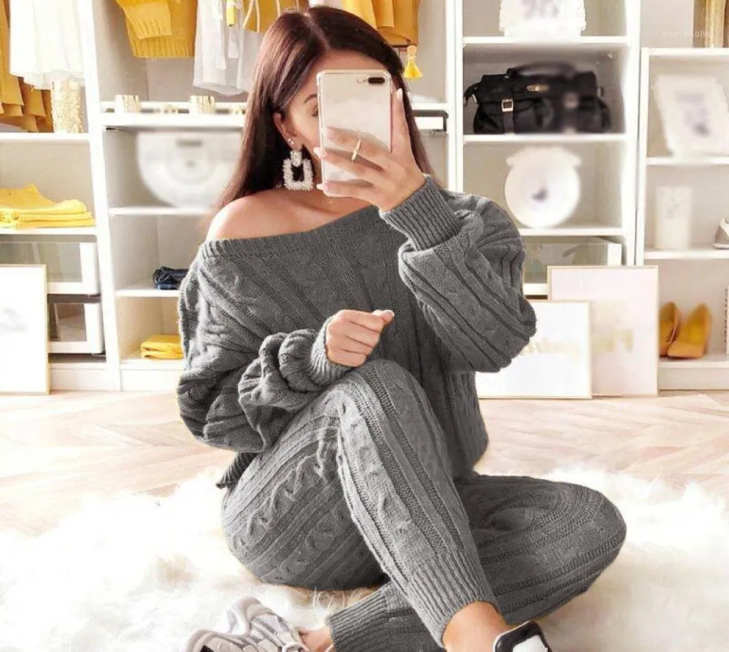 tracksuit women winter knitted sweater suit Womens Ladies Solid Round Neck Cable Knitted Warm 2PC Loungewear Suit Sety1516170722