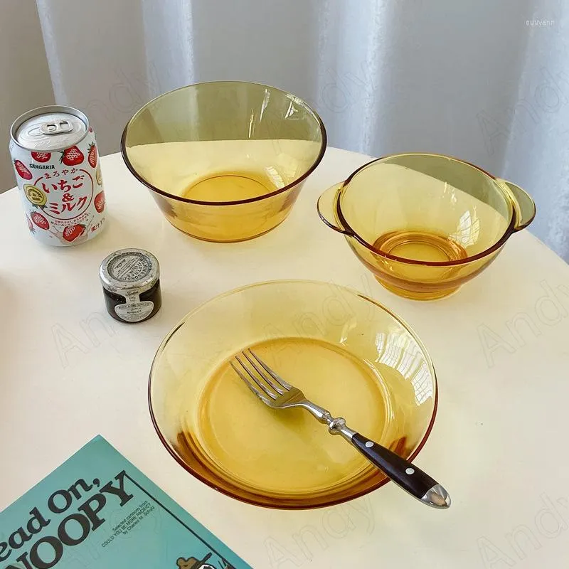 Tabaklar Yaratıcı Cam Plaka Fransız Amber Şeffaf Meyve Salata Yemeği Ev Yemek Masası Masaüstü Yemeği Seti Mutfak Sofra Takımı