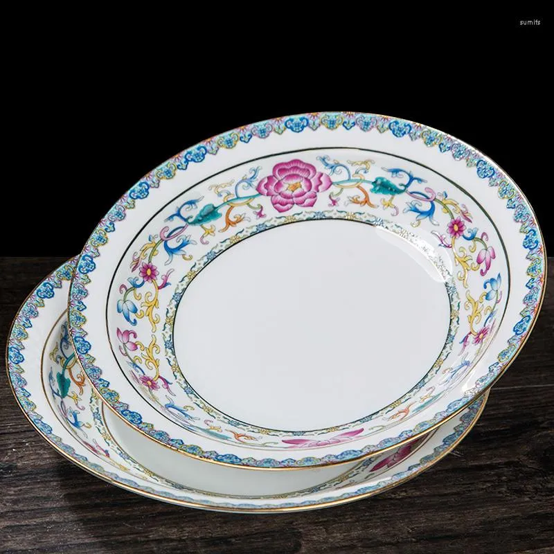 Płytki 8 -calowe kwiecistą emalię płyt obiadowy ceramiczny porcelanowy stek złota obręcz stołowa sałatka pojemnik na sałatkę