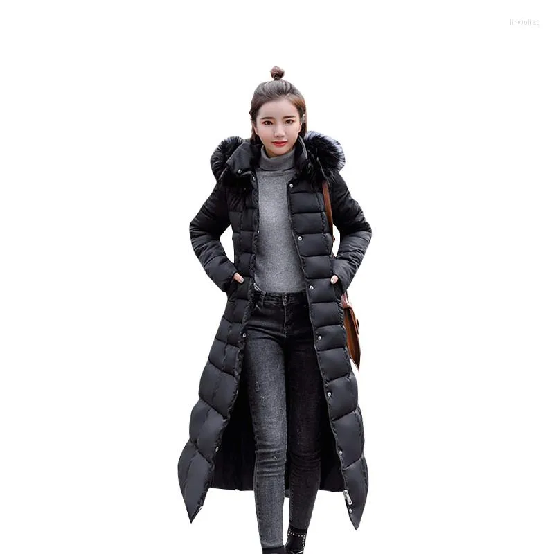 Women's Trench Coats 2023Women Winter Cotton-Padded Coat Mid-Length Slim Down Cotton Jacket With Fur Collar Outwear Female Hooded Overcoat