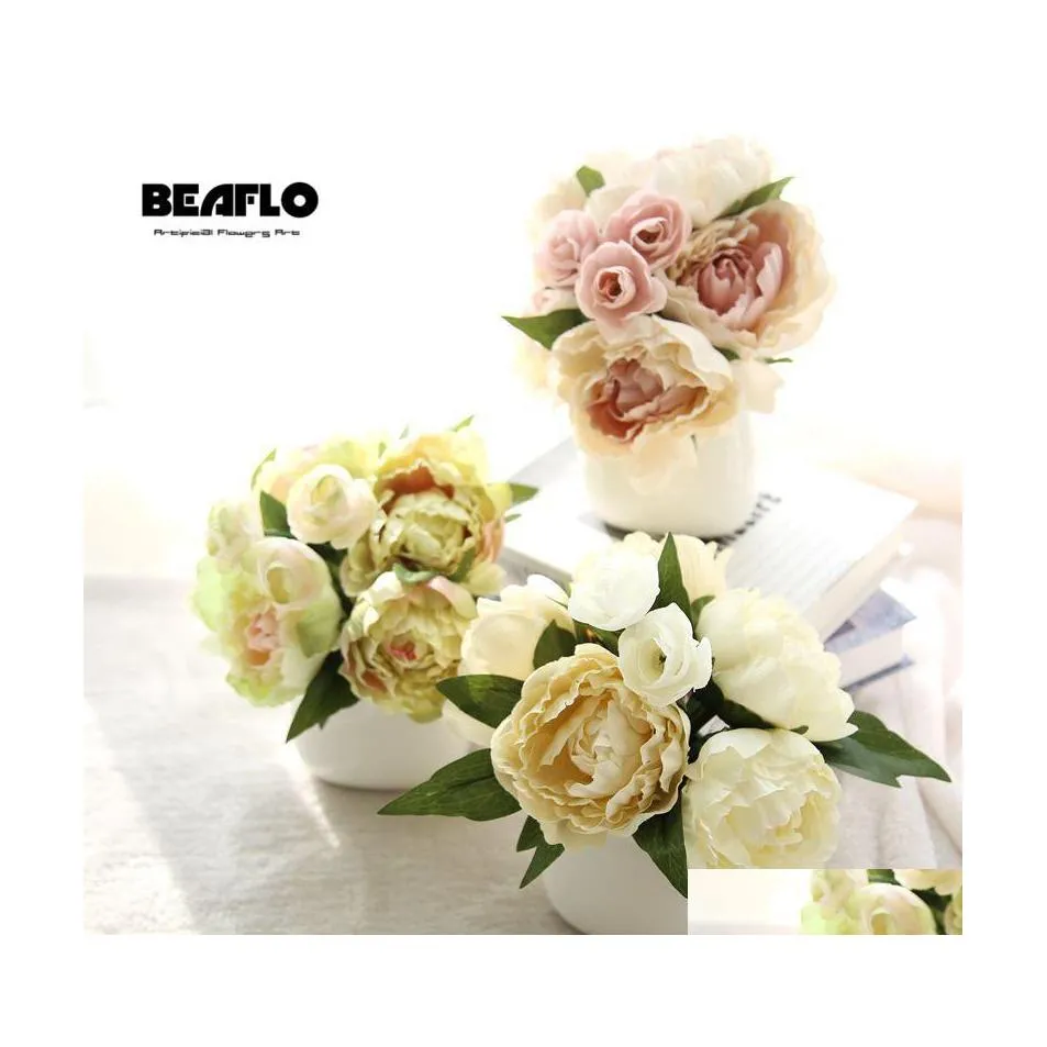 Flores decorativas grinaldas Buquê de casamento Flor de seda artificial Peony Fake Table Decoration Acessórios Arranjo Home Garden Dhpou