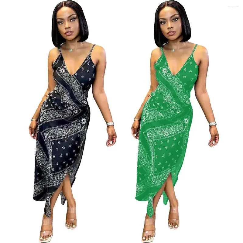 Casual Dresses Sexy Bandana V-Ausschnitt Langes Kleid Sommer Ärmellos Sling Split Geburtstag Frauen Spaghetti Strap Party Maxi Sommerkleid Kleidung