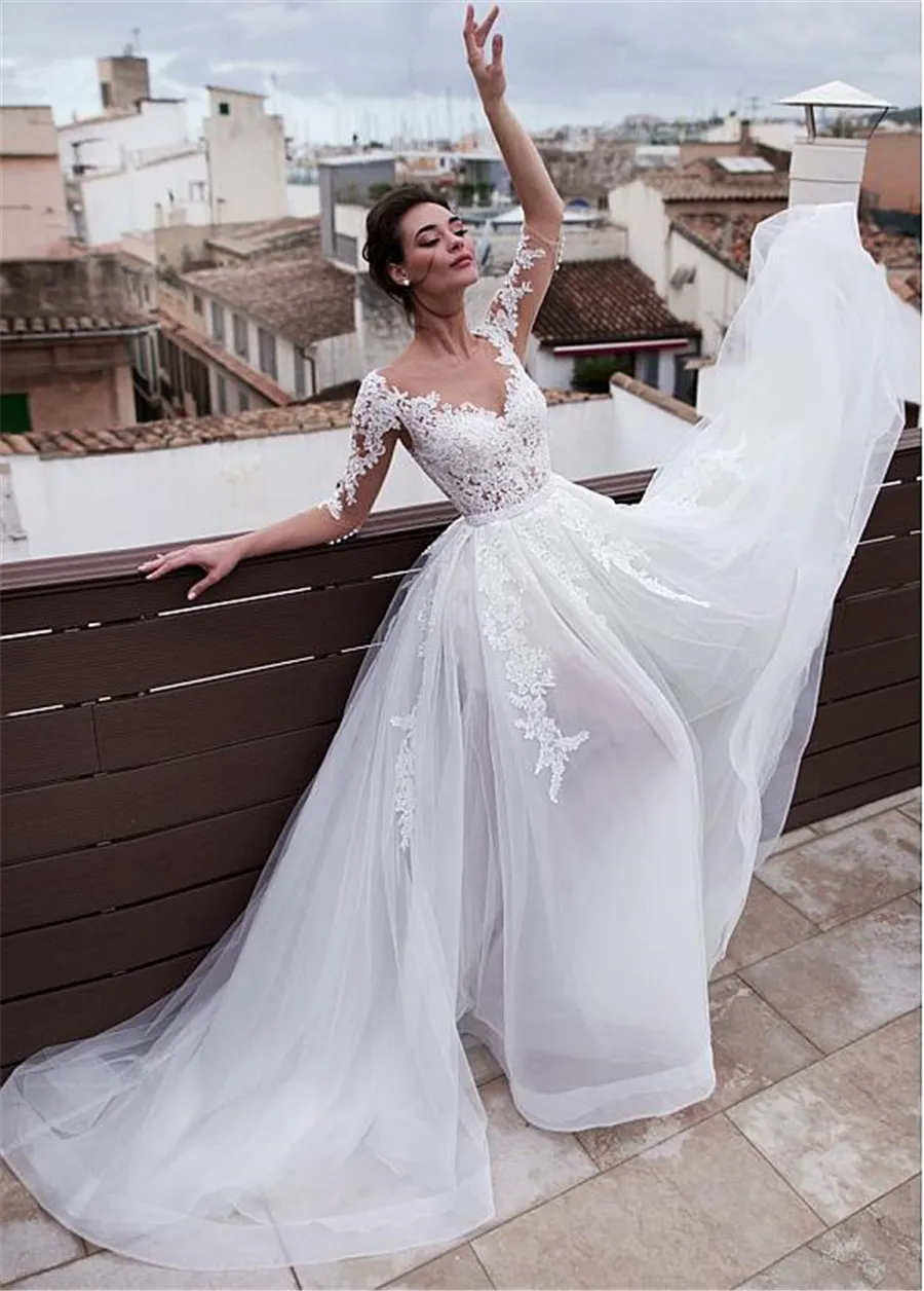 Abiti da sposa di lusso 2 in 1 guaina con gonna staccabile Appliques in pizzo a torro a torna 3/4 abiti da sposa a due pezzi 2023