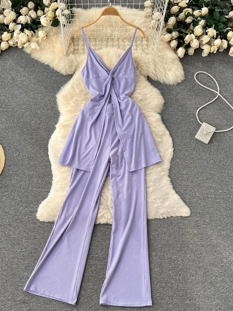 Women's Two Piece Pants Summer Women Sexy Set Female Beach V-Neck Spaghetti Strap Tops & Wide Leg Suits