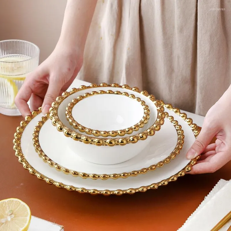 Тарелки Скандинавская керамическая тарелка с золотым ободком из бисера, круглая десертная закуска, сервировочная посуда, суп, салатница, контейнер для закусок