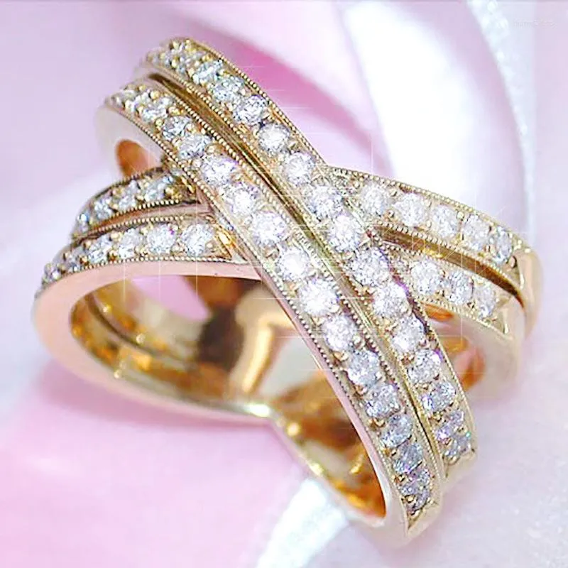 Wedding Rings Exquisite Gold Plated White Zircon Overlapping Ring Cocktail Party Women's Promise Anniversary Jewelry Gifts