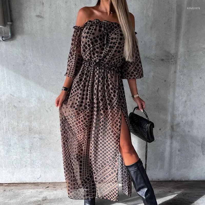 Casual Dresses Floral Print Off Shoulder Women Lantern Sleeve Ruffle Split Long Dress Elegant Lady Office Pleated A-Line