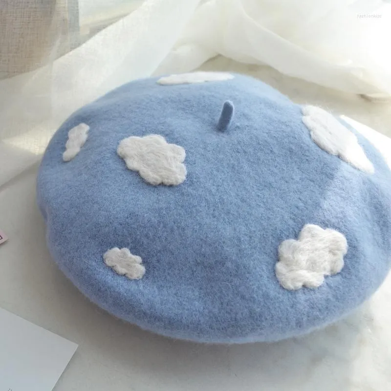 Berets Damen Handgefertigte Baskenmütze Wolkenhut DIY Weiß Blau Wollmaler Herbst Und Winter Niedlicher Warmer Kürbis Lolita