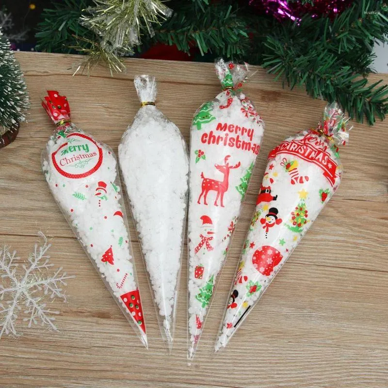 Opakowanie prezentów 100pcs kreskówka Pakowanie Pakowanie Xmas Popcorn Pockorn Pocket Celophan Christmas Candy Torby torebki w kształcie stożka