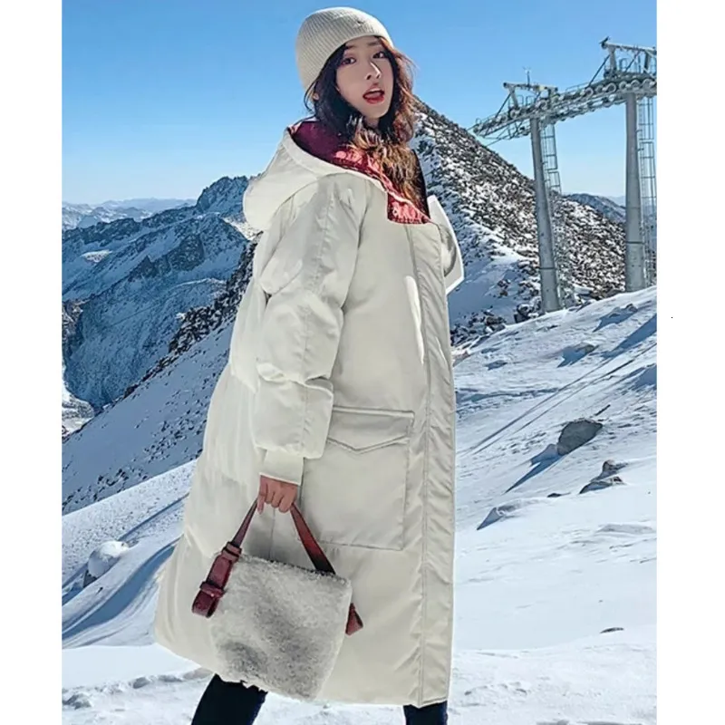 Frauen Unten Parkas Mode Baumwolle Jacke Lange Winter Mantel Frauen Mit Kapuze Korea Stil Dicke Feste Große Tasche Lose Weibliche 230109