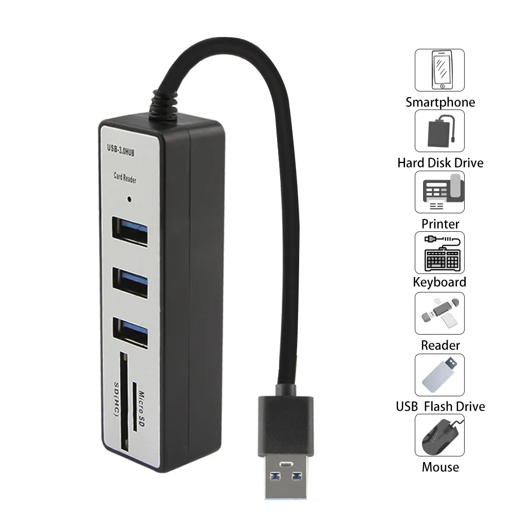 Concentrateur USB 3.0 à 3 ports avec lecteur de carte SD, Mini SD