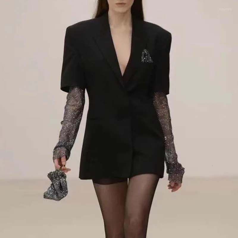 Trajes de mujer de malla de diamantes de manga larga de retazos chaqueta negra abrigo de mujer 2023 otoño elegante ropa de moda para mujer ropa de calle