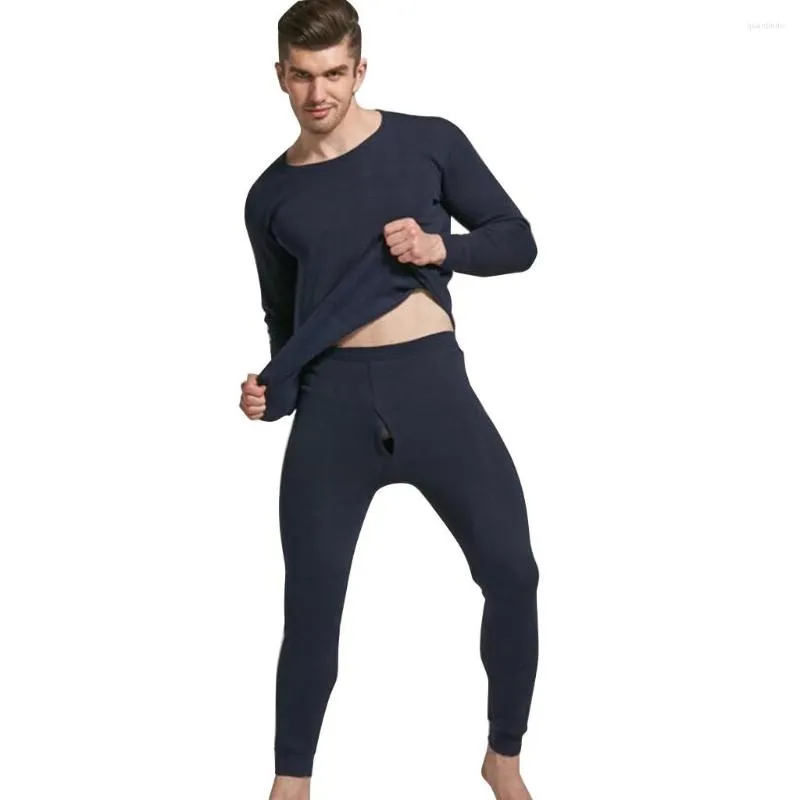 Sous-vêtements thermiques pour hommes, 2 pièces, costume d'hiver à col rond, garde au chaud, vêtements de nuit, ensemble haut et pantalon