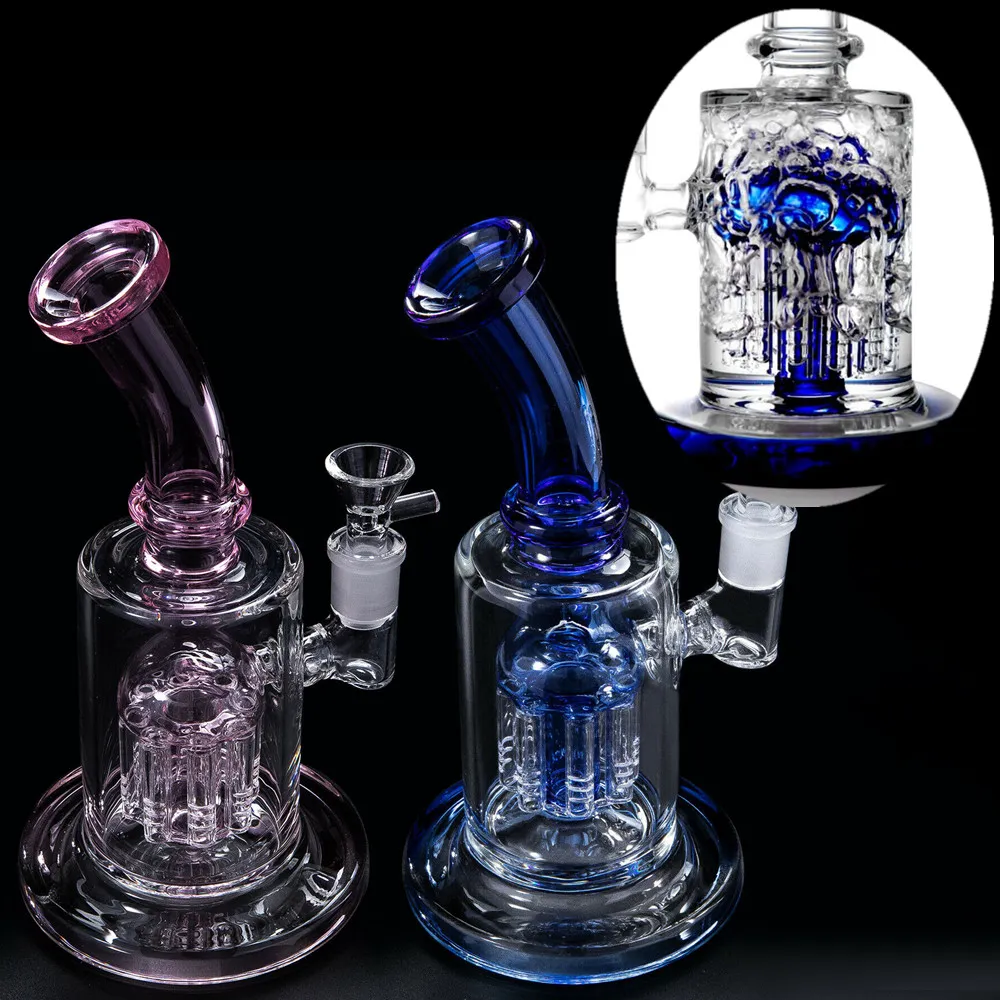 Blu Rosa Braccio Albero Perc Bong in vetro Bubbler Narghilè Recycler Dab Rig Tubi dell'acqua con snodo da 14 mm Accessori per fumatori