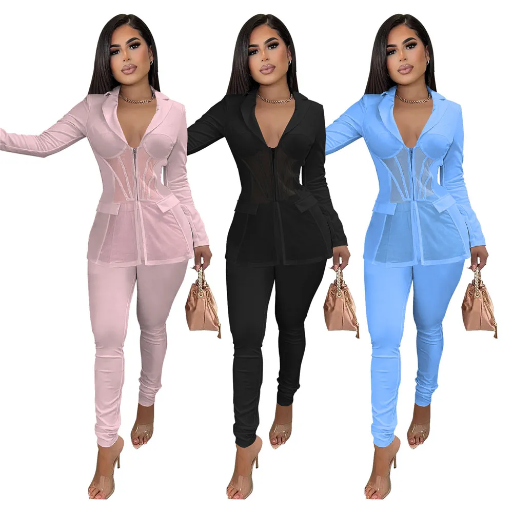 Gros Survêtements Automne Vêtements pour Femmes Deux Pièces Ensembles À Manches Longues Chemise En Maille Et Pantalon Ensembles Assortis Solide Blazer Pantalon Bureau Lady Wear 8486