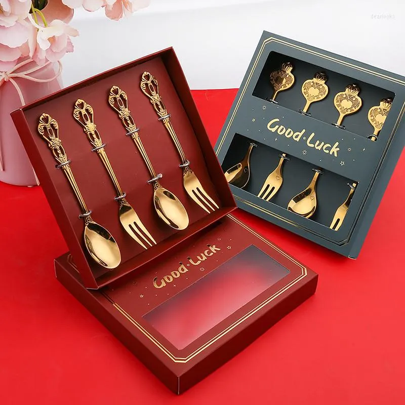 Dinnerware Sets Stainless Steel Hollow Embossed Year Spoon And Fork Set Polished Vintage Style Creative Drinking