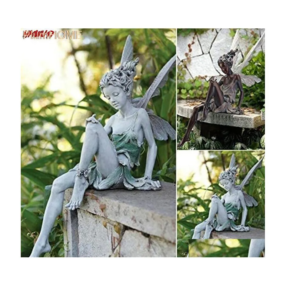 زخارف حديقة Tudor و Turek Sitting Fairy تمثال زخرفة راتنج الفناء الفناء في الهواء الطلق إسقاط التسليم المنزل الفناء الحديقة Dhmku