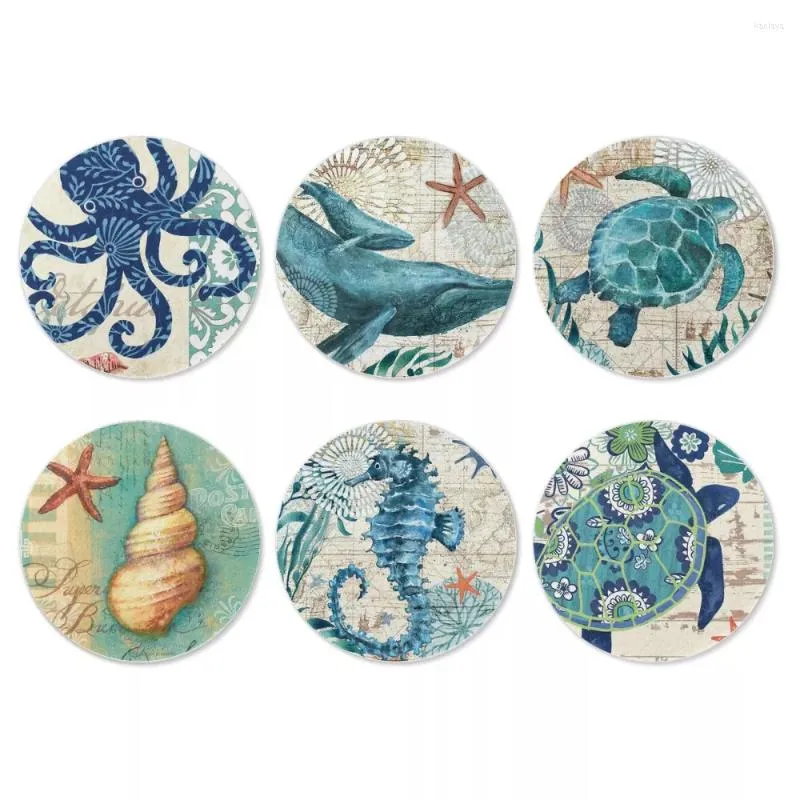 テーブルマットUPETSTORY VINTAGE MARINE LIFE PRINT DRINK COASTES 6PCS HOME DECOR PLACORMATカップマットパッドホルダーデザイナーキッチン食器