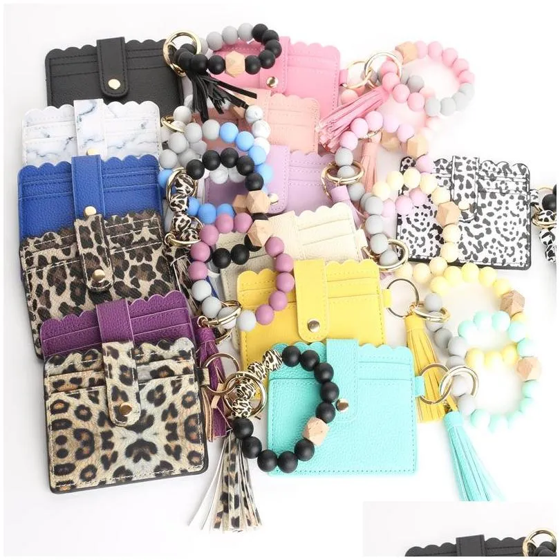 Party Favor Gros PU Cuir Bracelet Portefeuille Porte-clés Glands Bracelet Porte-clés Porte-Carte Sac Sile Perlé Bracelet Porte-clés Han Dhkng