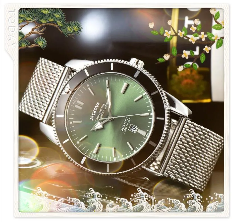 Crime Premium Herr Three Pins Armbandsur 43mm Quartz Movement Man Time Clock Watch Fulll Rostfritt stål Mesh Band Safirglas Armbandsur Montre de luxe presenter