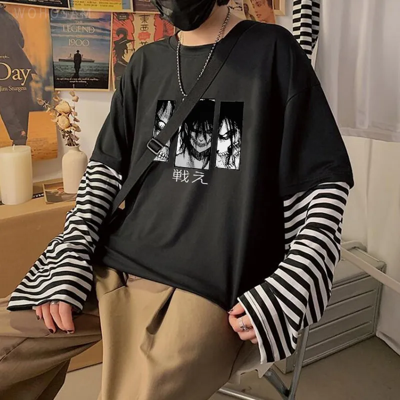 Attack on Titan Black & White Stripe Graphic T-Shirt - Mens