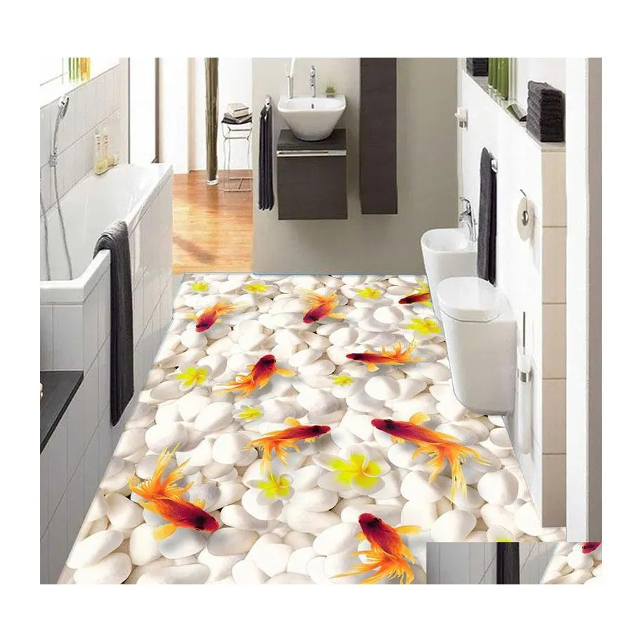 Duvar Kağıtları Toptansalustom 3D Zemin Duvar Kağıdı Yüzme Yüzme Joldfish PVC SELFAKİ KURULMASI Su geçirmez oturma odası Banyo Döşeme Pape Dhxro
