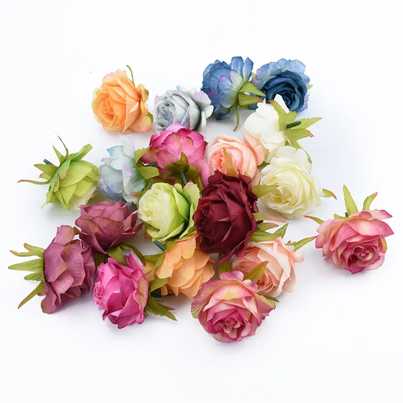Decorative Objects Figurines 100pcs Artificial Flowers Silk Roses Head Christmas Decorations for Home Wedding Wall Bridal Accessories Clearance 230110