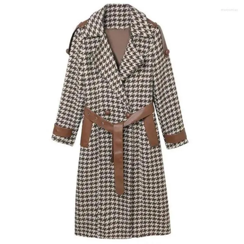 Women's Wool Woolen Jacket Women's Mid-Length Autumn Winter Clothing 2023 Coat Houndstooth Body Outwear Female Belt Overcoat Top