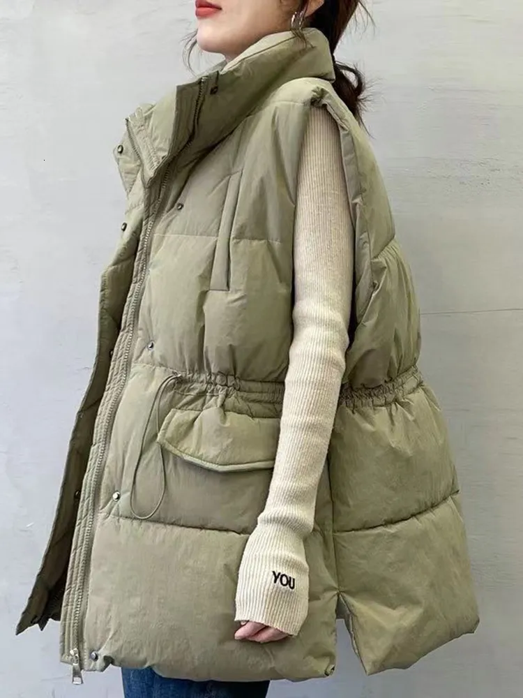 Gilet da donna in cotone imbottito di media lunghezza con coulisse colletto solido piumino trapuntato piumino senza maniche 230109