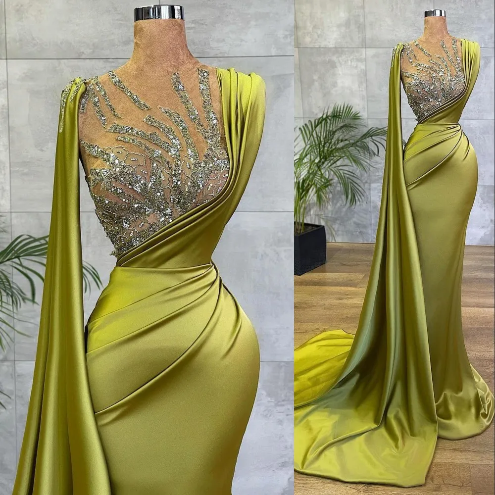 2023 Arabic Prom Dresses Lemon Green Satin Mermaid Sheer Mesh Top Sequin Beads Crystal Ruched Formal Occasion Wear Gold Hunter Sheer Neck Sweep Train Evening Gowns