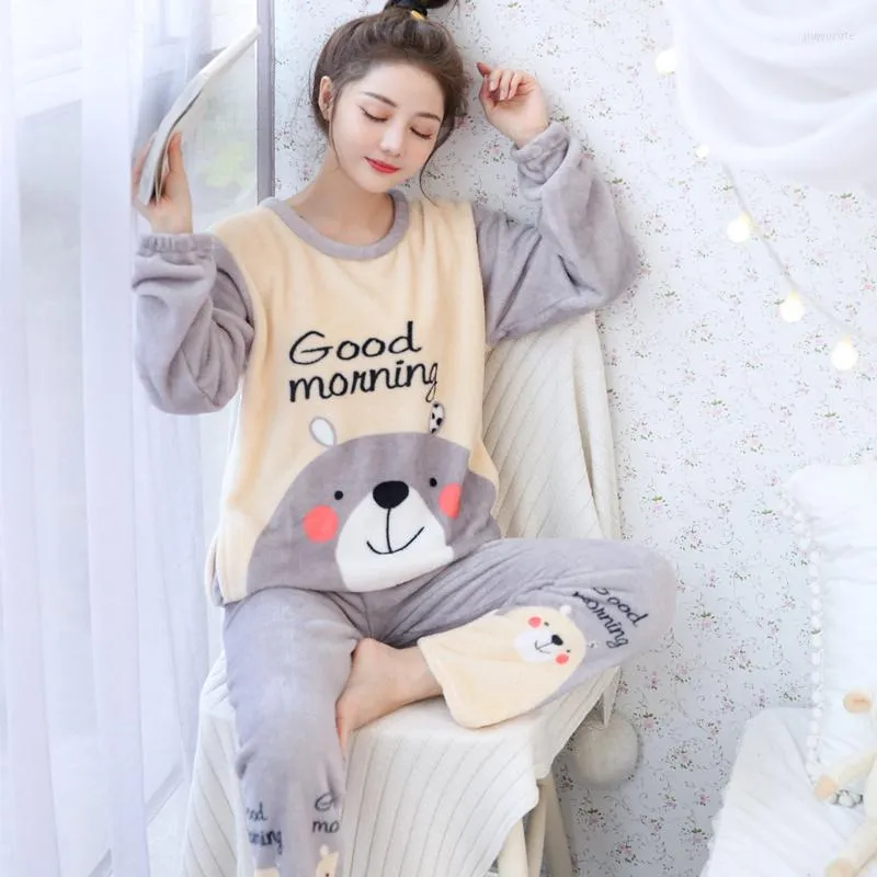 Mulheres de sono feminino Autumn Winter Warm Women Women Pijamas define pijamas grossos de cartoon de manga longa de coral para PJs