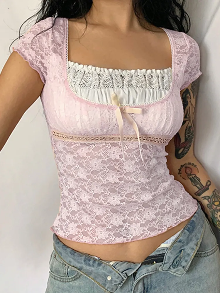 T-shirt femme Y2k rose garniture haut court nœud mignon doux t-shirt femmes rétro à manches courtes dentelle patché été t-shirt coréen coquette esthétique 230110